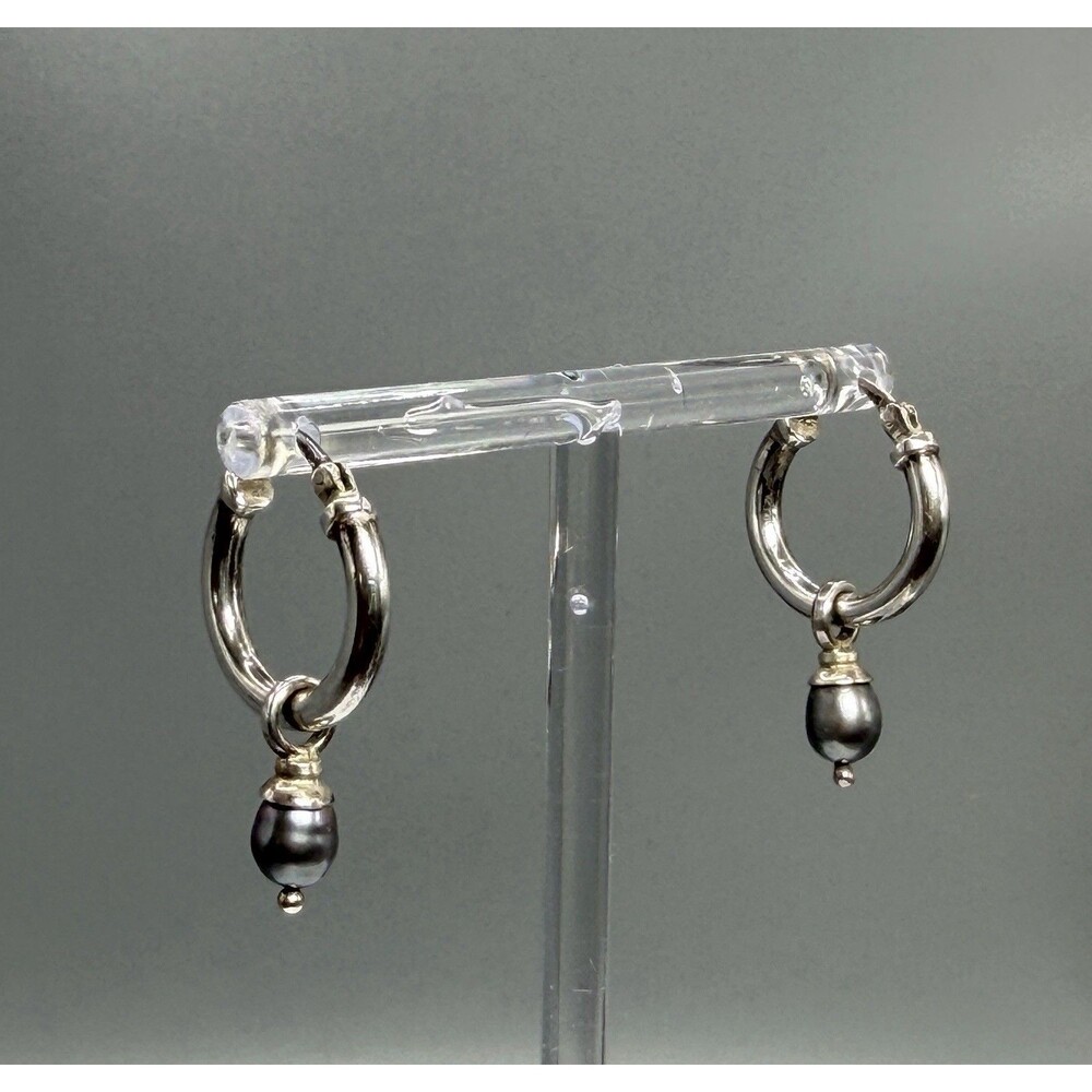 Sterling Silver 925 Hoop Earrings Gray Pearl Dangle Classic Drop 7.3g